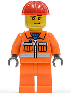 Minifig cty0113 - Construction Worker - Orange Zipper, Safety Stripes, Orange Arms, Orange Legs, Red Construction Helmet, Smirk and Stubble Beard
