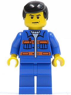 Minifig cty0139 - Blue Jacket with Pockets and Orange Stripes, Blue Legs, Black Male Hair - De BrickPlaats