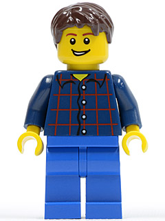 Minifig cty0177 - Plaid Button Shirt, Blue Legs, Dark Brown Short Tousled Hair, Lopsided Grin with Teeth - De BrickPlaats