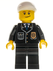 Minifig cty0199 - Police - City Suit with Blue Tie and Badge, Black Legs, White Short Bill Cap, Crooked Smile - De BrickPlaats