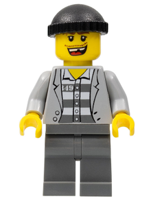 Minifig cty0208 - Police - Jail Prisoner Jacket over Prison Stripes, Dark Bluish Gray Legs, Black Knit Cap, Missing Tooth - De BrickPlaats