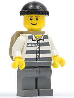 Minifig cty0222b - Police - Jail Prisoner 50380 Prison Stripes, Dark Bluish Gray Legs, Black Knit Cap, Reddish Brown Eyebrows, Thin Grin, Backpack - De BrickPlaats