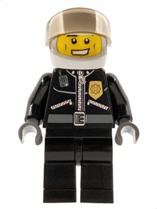 Minifig cty0228 - Police - City Leather Jacket with Gold Badge and 'POLICE' on Back, White Helmet, Trans-Brown Visor - De BrickPlaats