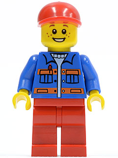 Minifig cty0248 - Blue Jacket with Pockets and Orange Stripes, Red Legs, Red Short Bill Cap - De BrickPlaats