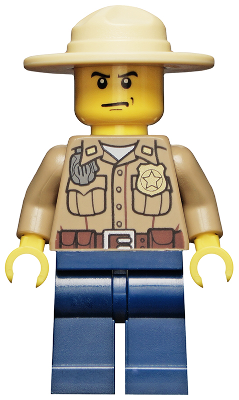 Minifig cty0273 - Forest Police - Dark Tan Shirt with Pockets, Radio and Gold Badge, Dark Blue Legs, Campaign Hat, Angry Eyebrows and Scowl, White Pupils - De BrickPlaats
