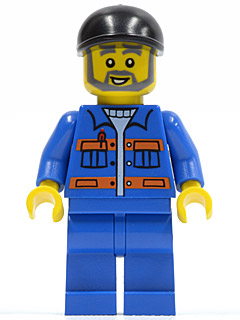 Minifig cty0290 - Blue Jacket with Pockets and Orange Stripes, Blue Legs, Black Short Bill Cap, Gray Beard - De BrickPlaats