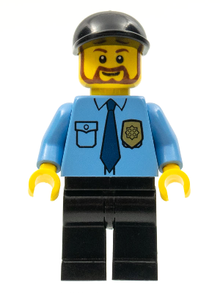 Minifig cty0316 - Police - City Shirt with Dark Blue Tie and Gold Badge, Black Legs, Black Short Bill Cap, Brown Beard Rounded - De BrickPlaats