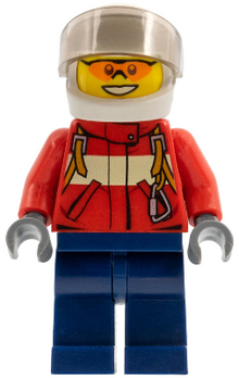 Minifig cty0323 - Fire - Pilot Male, Red Fire Suit with Carabiner, Dark Blue Legs, White Helmet, Trans-Brown Visor, Orange Safety Glasses - De BrickPlaats