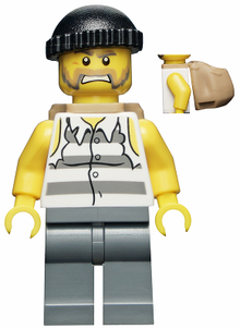 Minifig cty0448 - Police - Jail Prisoner Shirt with Prison Stripes and Torn out Sleeves, Dark Bluish Gray Legs, Black Knit Cap, Backpack - De BrickPlaats
