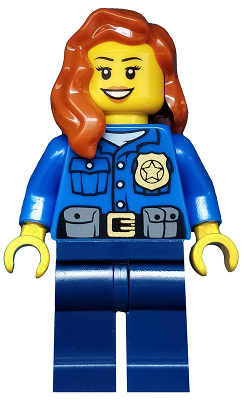 Minifig cty0485 - Police - City Officer, Gold Badge, Dark Orange Female Hair over Shoulder - De BrickPlaats