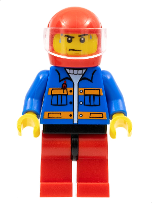Minifig cty0533 - Blue Jacket with Pockets and Orange Stripes, Red Legs with Black Hips, Sweat Drops - De BrickPlaats