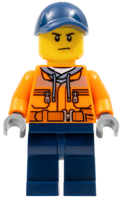 Minifig cty0641 - Construction Worker - Male, Orange Safety Jacket, Reflective Stripe, Sand Blue Hoodie, Dark Blue Legs, Dark Blue Cap with Hole, Scowl - De BrickPlaats