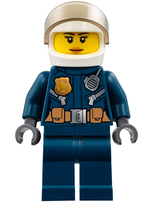 Minifig cty0774 - Police - City Helicopter Pilot Female, Leather Jacket with Gold Badge and Utility Belt, Dark Blue Legs, White Helmet, Peach Lips Slight Smile - De BrickPlaats