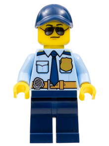 Minifig cty0981 - Police - City Officer Shirt with Dark Blue Tie and Gold Badge, Dark Tan Belt with Radio, Dark Blue Legs, Dark Blue Cap, Sunglasses - De BrickPlaats