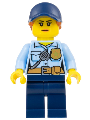Minifig cty0992 - Police - City Officer Female, Bright Light Blue Shirt with Badge and Radio, Dark Blue Legs, Dark Blue Cap with Dark Orange Ponytail - De BrickPlaats