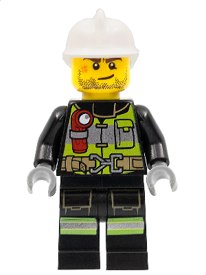 Minifig cty1255 - Fire - Reflective Stripes with Utility Belt and Flashlight, White Fire Helmet, Beard Stubble, Brown Eyebrows