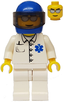 Minifig doc022 - Doctor - EMT Star of Life Button Shirt, White Legs, Blue Helmet, Trans-Brown Visor - De BrickPlaats