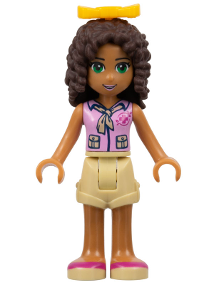 Minifig frnd0075 - Friends Andrea - Tan Shorts, Bright Pink Top with Red Cross Logo and Scarf, Bright Light Orange Bow - De BrickPlaats