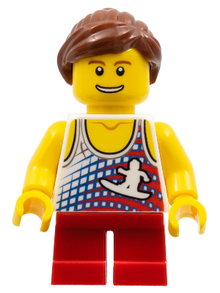 Minifig gen061 - Tank Top with Surfer Silhouette, Red Short Legs, Reddish Brown Ponytail and Swept Sideways Fringe - De BrickPlaats