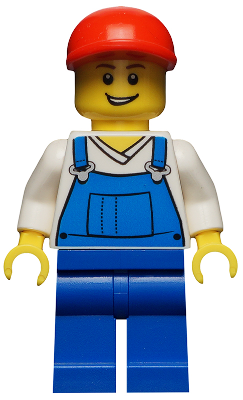 Minifig hol019 - Overalls Blue over V-Neck Shirt, Blue Legs, Red Short Bill Cap, Open Grin - De BrickPlaats