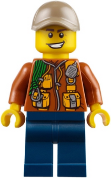 Minifig hol109 - City Jungle Explorer - Dark Orange Jacket with Pouches, Dark Blue Legs, Dark Tan Cap with Hole, Big Smile - De BrickPlaats