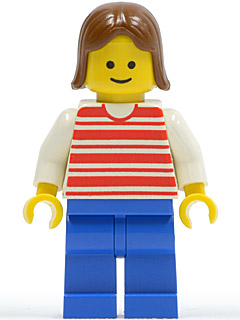 Minifig hor006 - Horizontal Lines Red - White Arms - Blue Legs, Brown Female Hair - De BrickPlaats