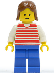 Minifig hor006 - Horizontal Lines Red - White Arms - Blue Legs, Brown Female Hair - De BrickPlaats