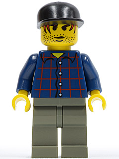 Minifig hrf009 - Plaid Button Shirt, Dark Gray Legs, Black Cap, Red Hair, Black Stubble (Werewolf Boy) - De BrickPlaats