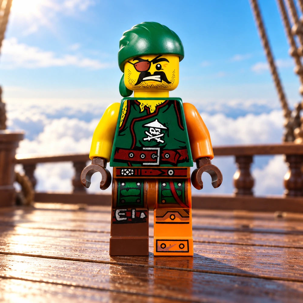 LEGO® NINJAGO luchtpiraat Sqiffy njo0203 met groene bandana op een houten scheepsdek boven de wolken