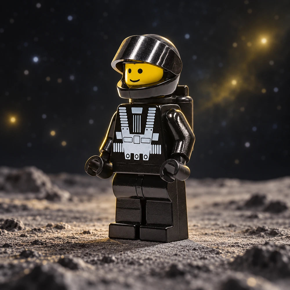 LEGO® Space Blacktron I-piloot sp001 in zwart pak met helm op een maanoppervlak met sterrenhemel