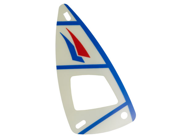 Part multipls06 - Plastic Part for Sets 1791, 1958-1, 6351, 6534, and 6595 - White Sail with Trans-Clear Window, Blue and Red Curved Triangles, Stripes, and Spine Pattern - De BrickPlaats