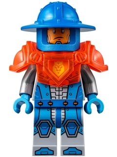 Minifig nex074 - Royal Soldier / King's Guard - Blue Helmet with Broad Brim, Trans-Neon Orange Armor - De BrickPlaats