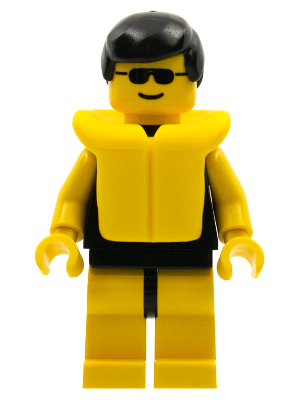 Minifig par036 - Plain Black Torso with Yellow Arms, Yellow Legs, Sunglasses, Black Male Hair, Life Jacket - De BrickPlaats