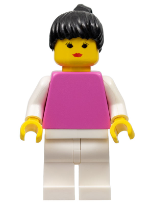 Minifig par041 - Plain Dark Pink Torso with White Arms, White Legs, Black Ponytail Hair - De BrickPlaats