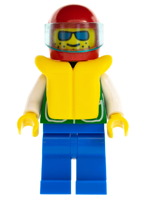 Minifig pck009 - Jacket Green with 2 Large Pockets - Blue Legs, Sunglasses, Red Helmet, Trans-Light Blue Visor, Life Jacket - De BrickPlaats