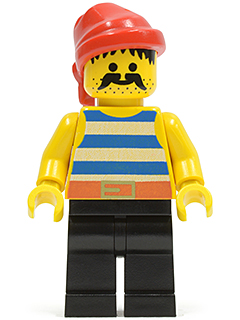 Minifig pi020 - Pirate Blue / White Stripes Shirt, Black Legs, Red Bandana - De BrickPlaats