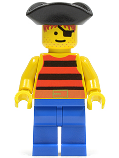 Minifig pi026 - Pirate Red / Black Stripes Shirt, Blue Legs, Black Pirate Triangle Hat - De BrickPlaats