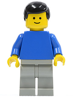 Minifig pln074 - Plain Blue Torso with Blue Arms, Light Gray Legs, Black Male Hair - De BrickPlaats