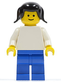 Minifig pln107 - Plain White Torso with White Arms, Blue Legs, Black Pigtails Hair - De BrickPlaats