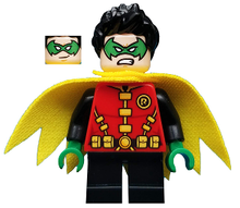 Minifig sh0588 - Robin - Green Mask and Hands, Black Short Legs, Yellow Scalloped Cape - De BrickPlaats