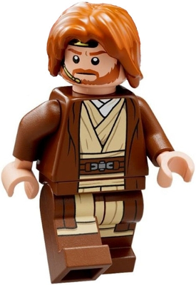 Minifig sw1220 - Obi-Wan Kenobi - robe brun rougeâtre, cheveux ébouriffés mi-longs orange foncé avec raie au milieu