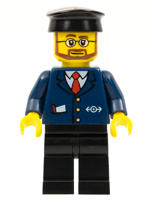 Minifig trn223 - Dark Blue Suit with Train Logo, Black Legs, Black Hat, Beard and Glasses - De BrickPlaats