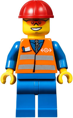 Minifig trn241 - Orange Vest with Safety Stripes - Blue Legs, Red Construction Helmet, Orange Sunglasses - De BrickPlaats