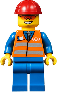 Minifig trn241 - Orange Vest with Safety Stripes - Blue Legs, Red Construction Helmet, Orange Sunglasses - De BrickPlaats