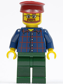 Minifig twn080 - Plaid Button Shirt, Dark Green Legs, Dark Red Hat, Glasses, Reddish Brown Beard (Carousel Operator) - De BrickPlaats