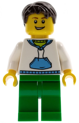 Minifig twn096 - White Hoodie with Medium Blue Pocket, Green Legs, Dark Brown Short Tousled Hair - De BrickPlaats