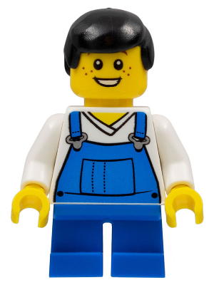 Minifig twn151 - Overalls Blue over V-Neck Shirt, Blue Short Legs, Black Male Hair - De BrickPlaats