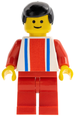 Minifig ver014 - Vertical Lines Red & Blue - Red Arms - Red Legs, Black Male Hair - De BrickPlaats
